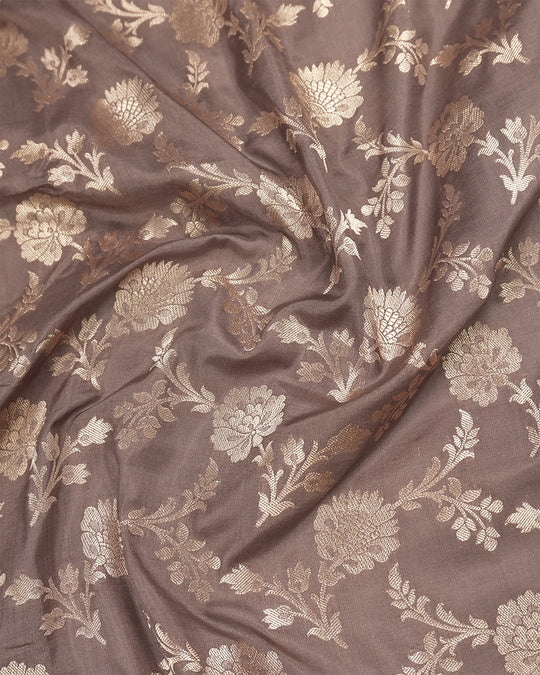 Deep Taupe Pure Katan Saree with Floral Jaal Weaving