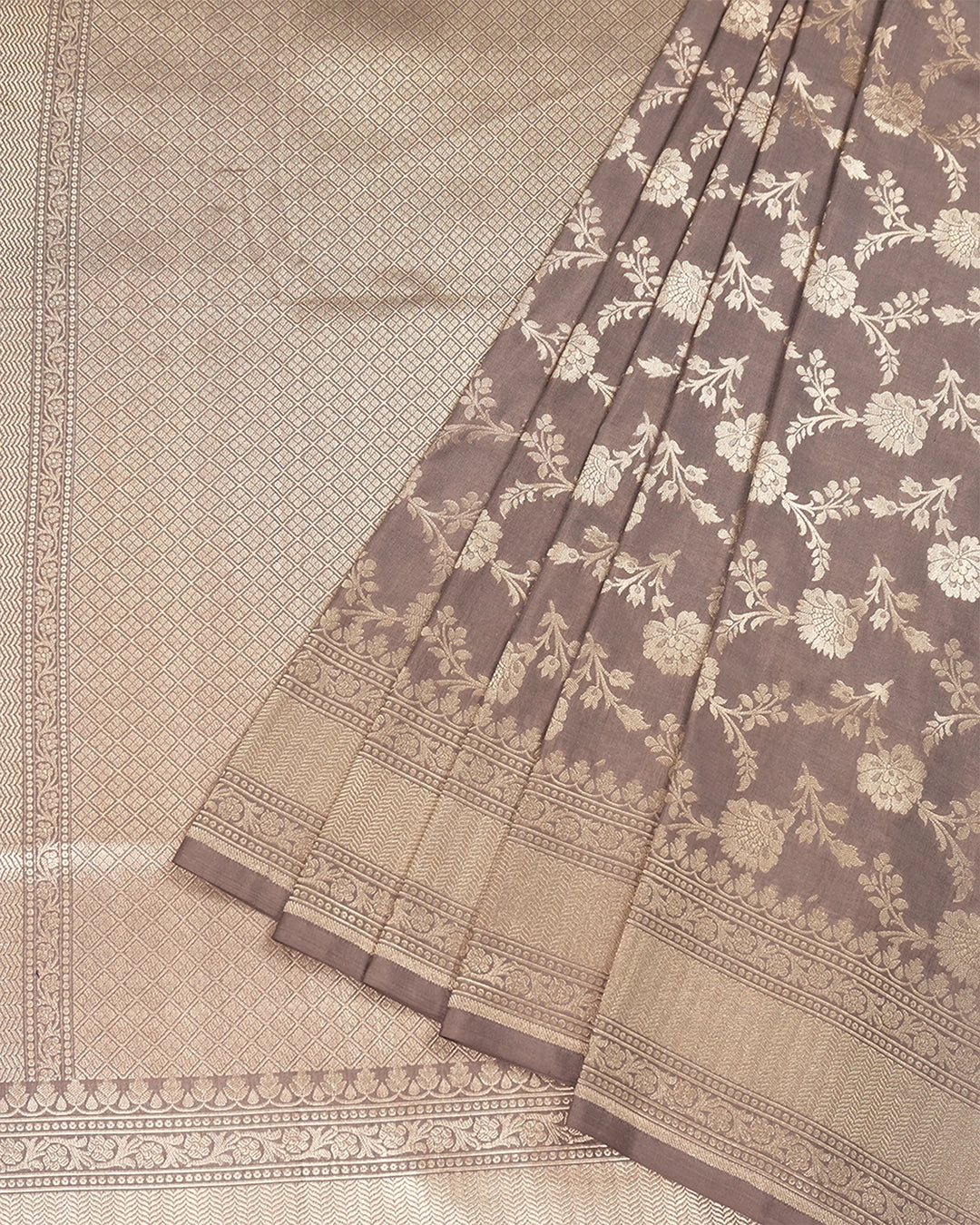 Deep Taupe Pure Katan Saree with Floral Jaal Weaving