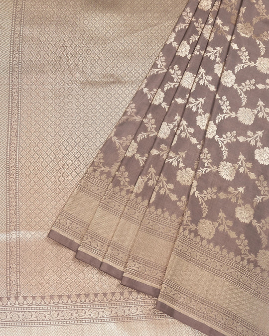 Deep Taupe Pure Katan Saree with Floral Jaal Weaving