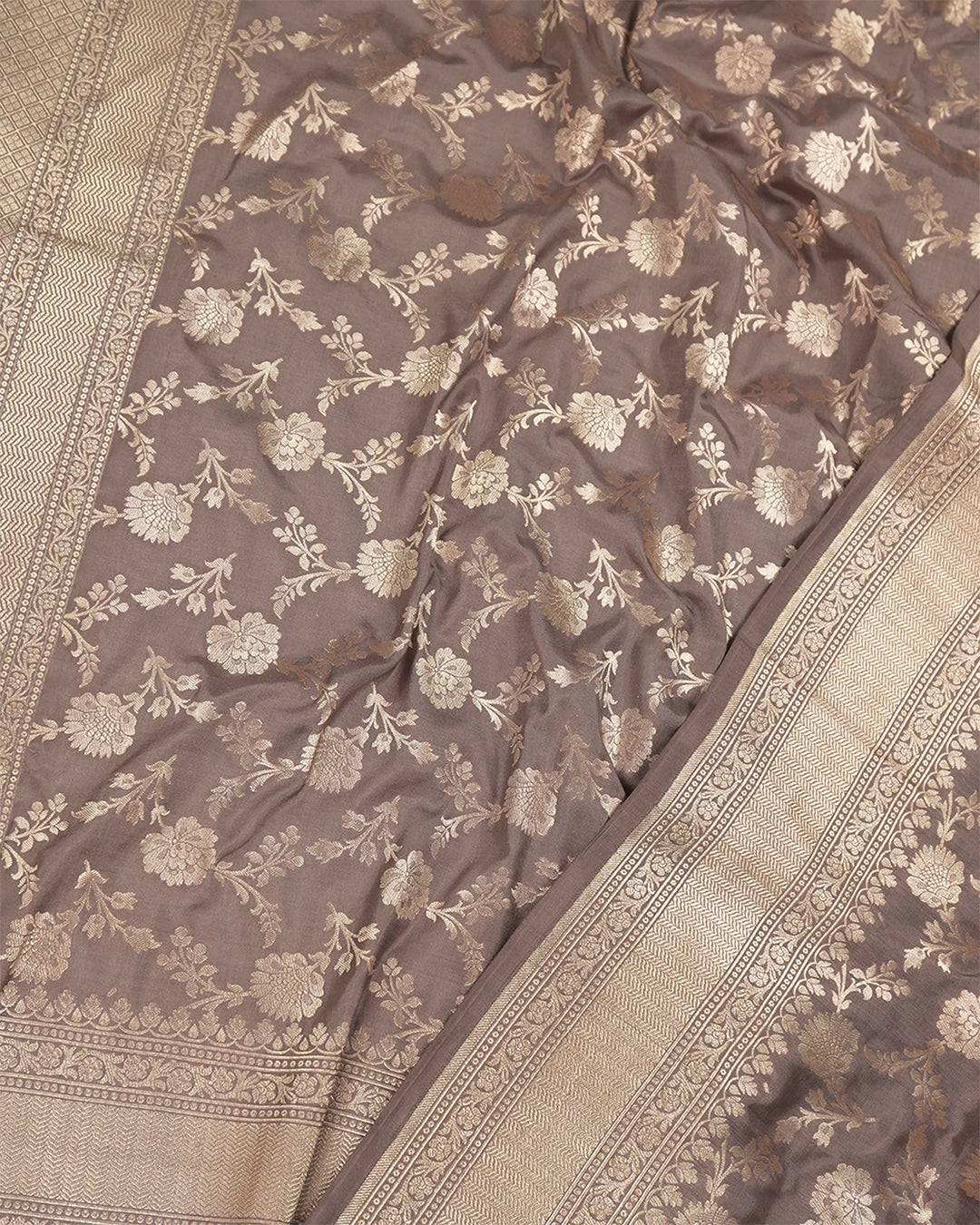 Deep Taupe Pure Katan Saree with Floral Jaal Weaving