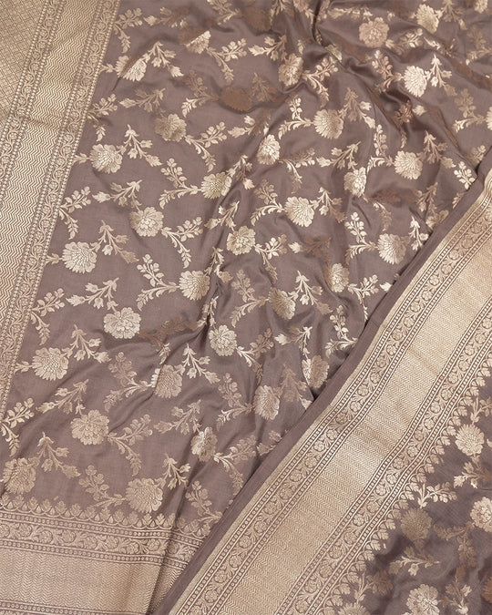 Deep Taupe Pure Katan Saree with Floral Jaal Weaving