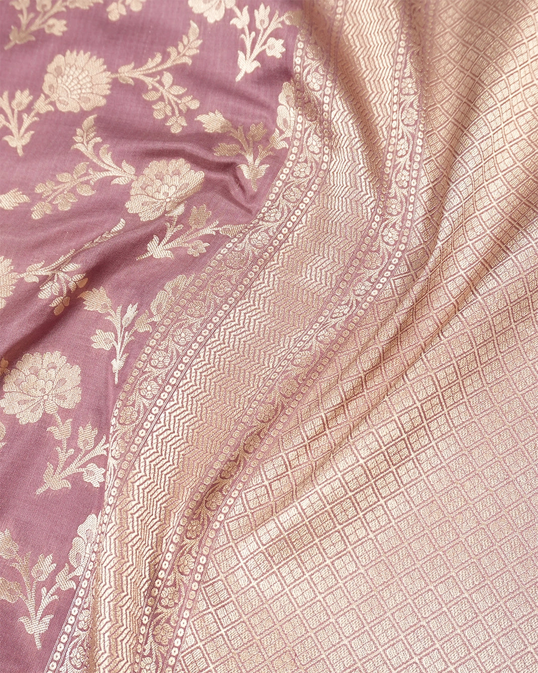 Dusty Rose Pink Pure Katan Saree with Floral Vine Jaal Weaving