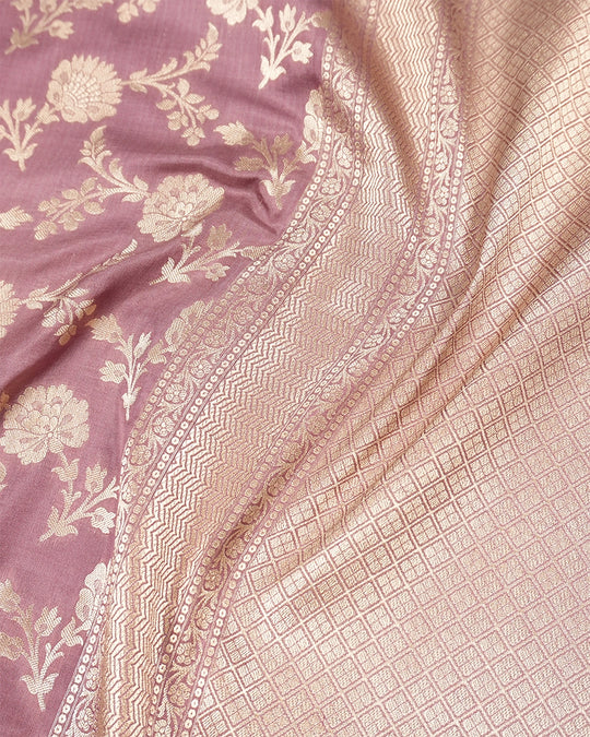Dusty Rose Pink Pure Katan Saree with Floral Vine Jaal Weaving