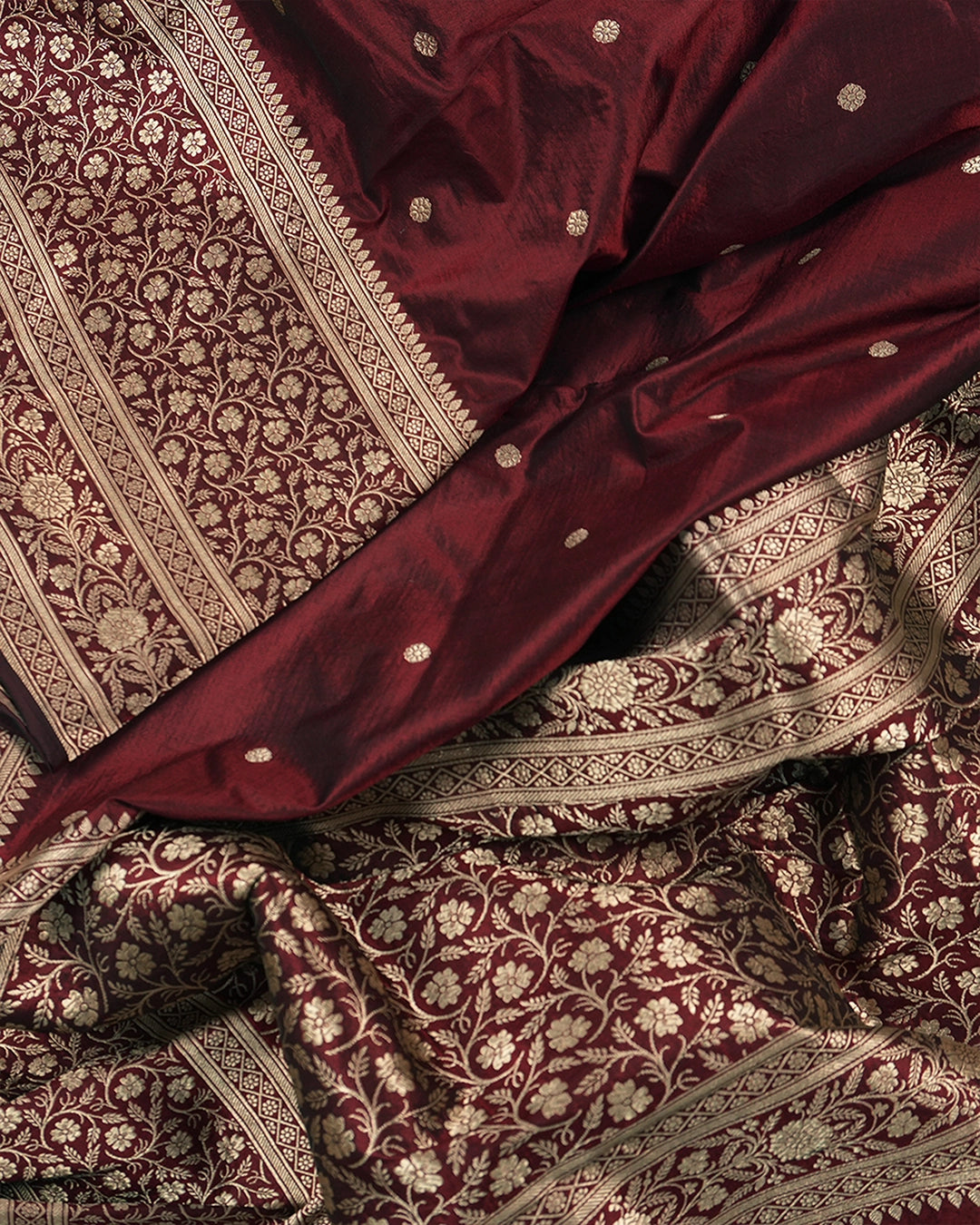 Maroon Pure Katan Saree with Buti Weave and Rich Heritage Border