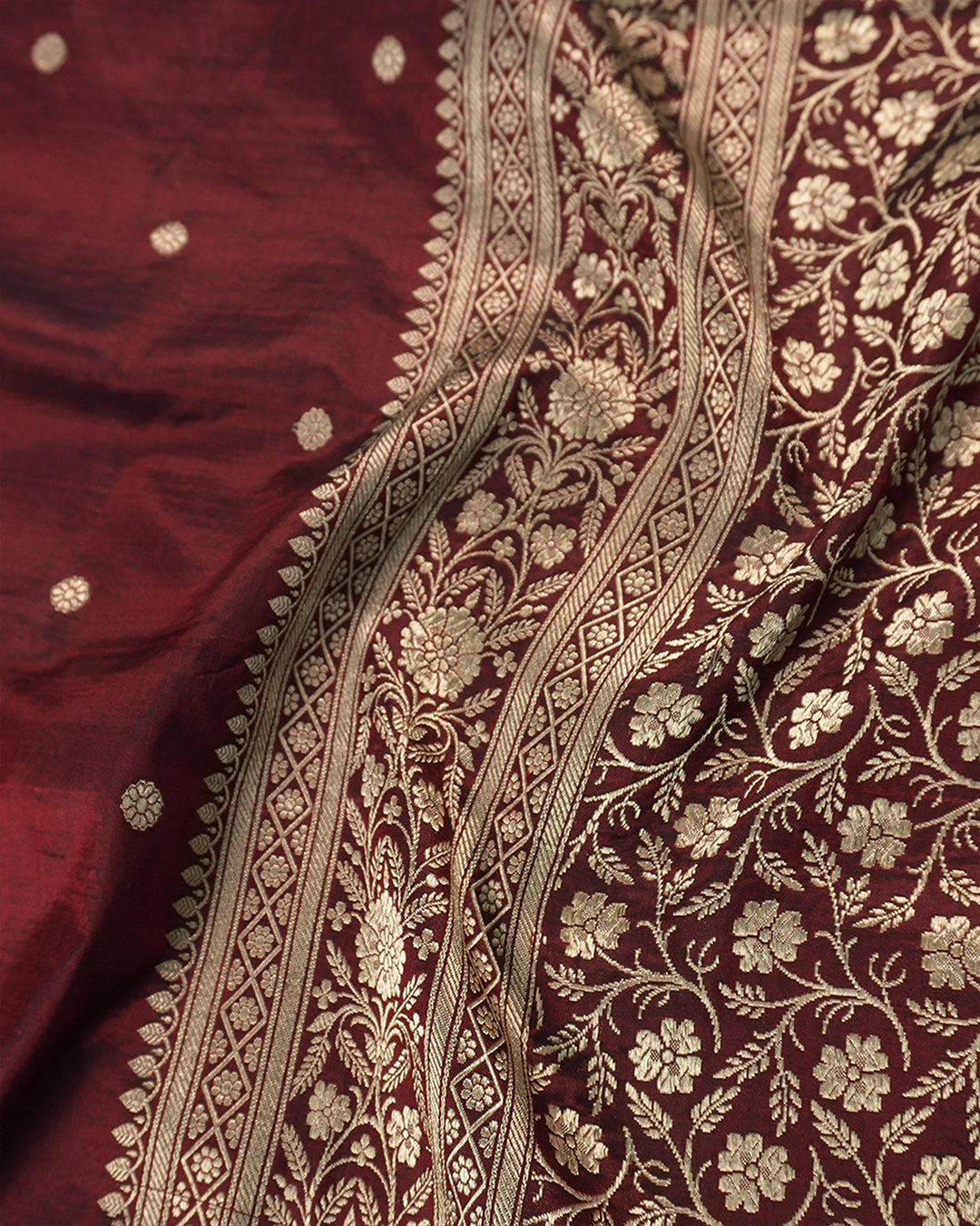 Maroon Pure Katan Saree with Buti Weave and Rich Heritage Border