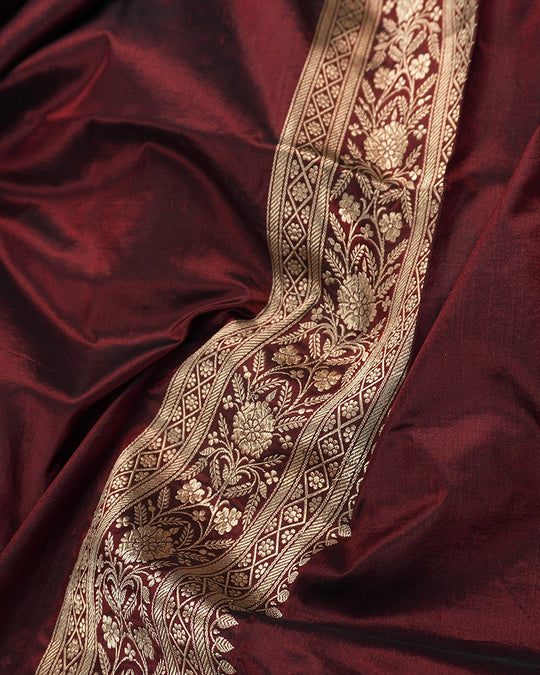 Maroon Pure Katan Saree with Buti Weave and Rich Heritage Border