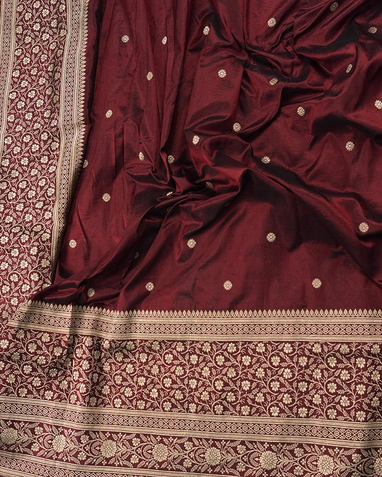 Maroon Pure Katan Saree with Buti Weave and Rich Heritage Border