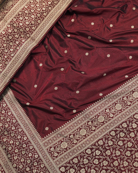 Maroon Pure Katan Saree with Buti Weave and Rich Heritage Border