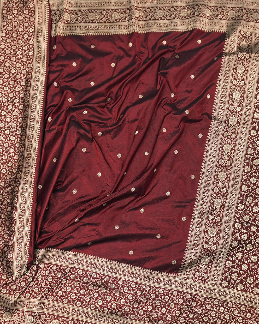 Maroon Pure Katan Saree with Buti Weave and Rich Heritage Border