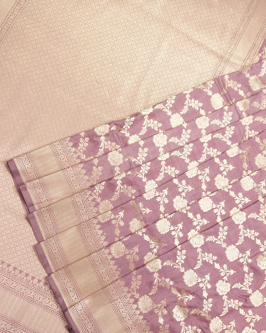 Dusty Rose Pink Pure Katan Saree with Floral Vine Jaal Weaving