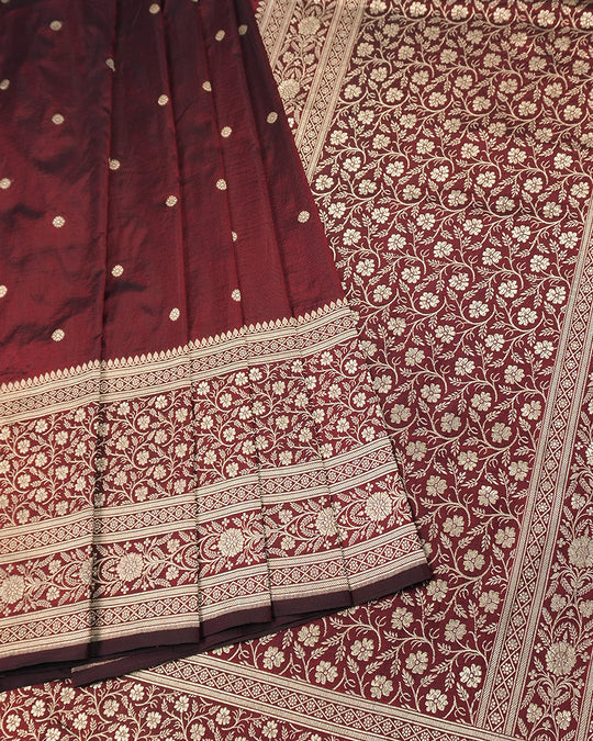 Maroon Pure Katan Saree with Buti Weave and Rich Heritage Border
