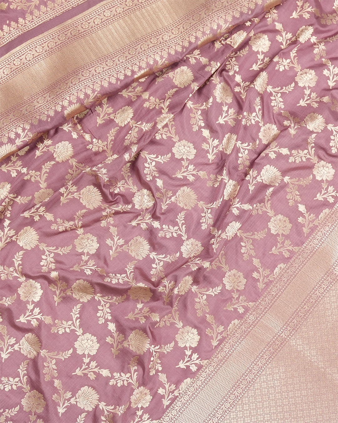 Dusty Rose Pink Pure Katan Saree with Floral Vine Jaal Weaving