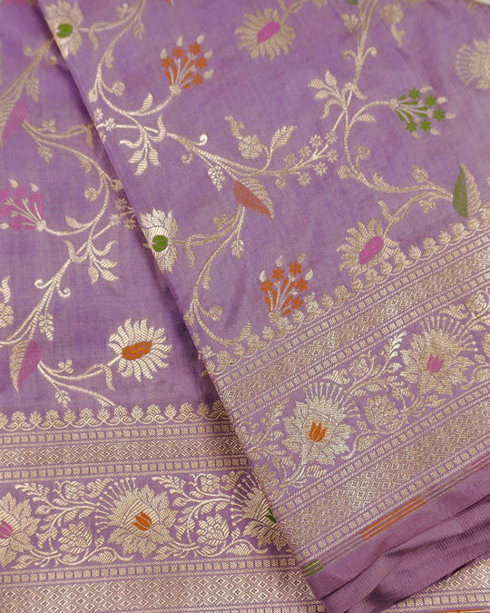 Lavender Pure Katan Saree with Subtle Floral Meenakari Jaal Weaving