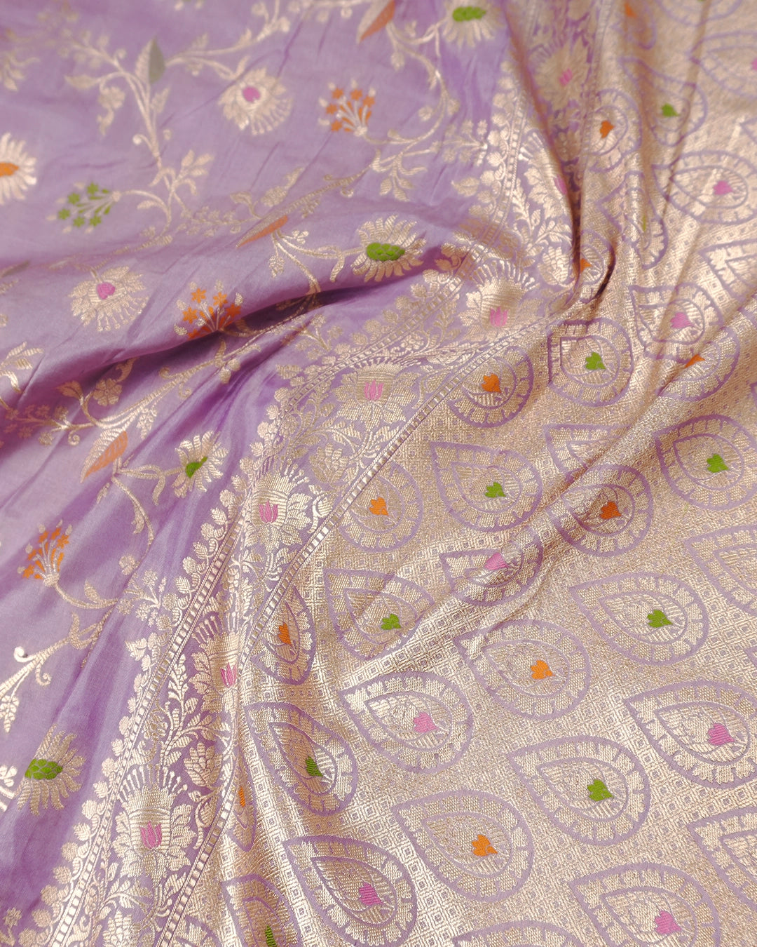 Lavender Pure Katan Saree with Subtle Floral Meenakari Jaal Weaving
