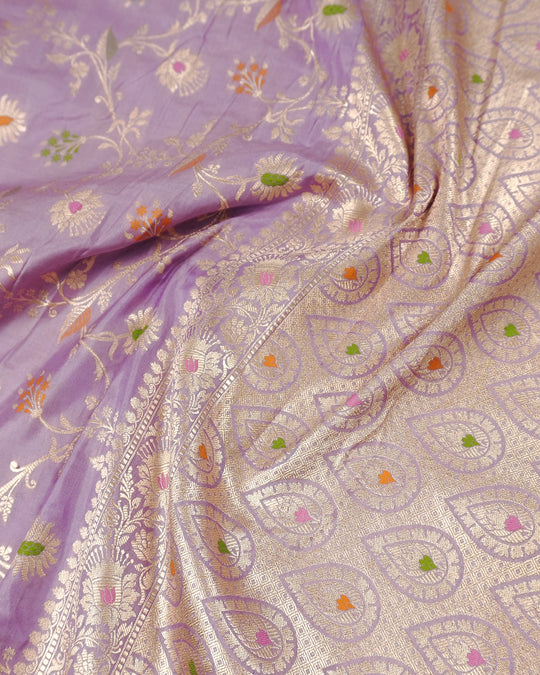 Lavender Pure Katan Saree with Subtle Floral Meenakari Jaal Weaving