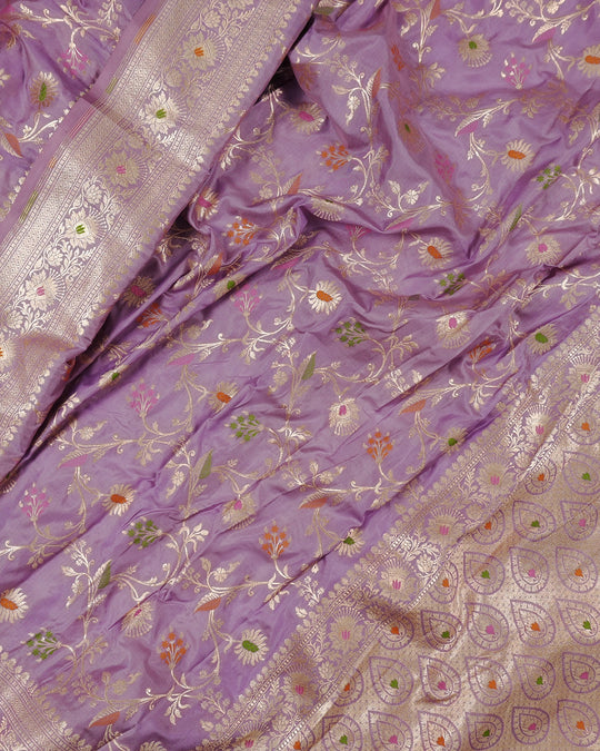 Lavender Pure Katan Saree with Subtle Floral Meenakari Jaal Weaving