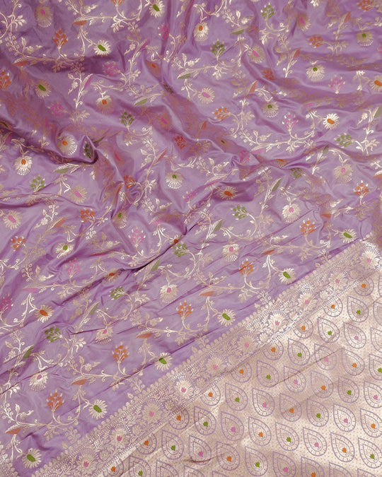 Lavender Pure Katan Saree with Subtle Floral Meenakari Jaal Weaving