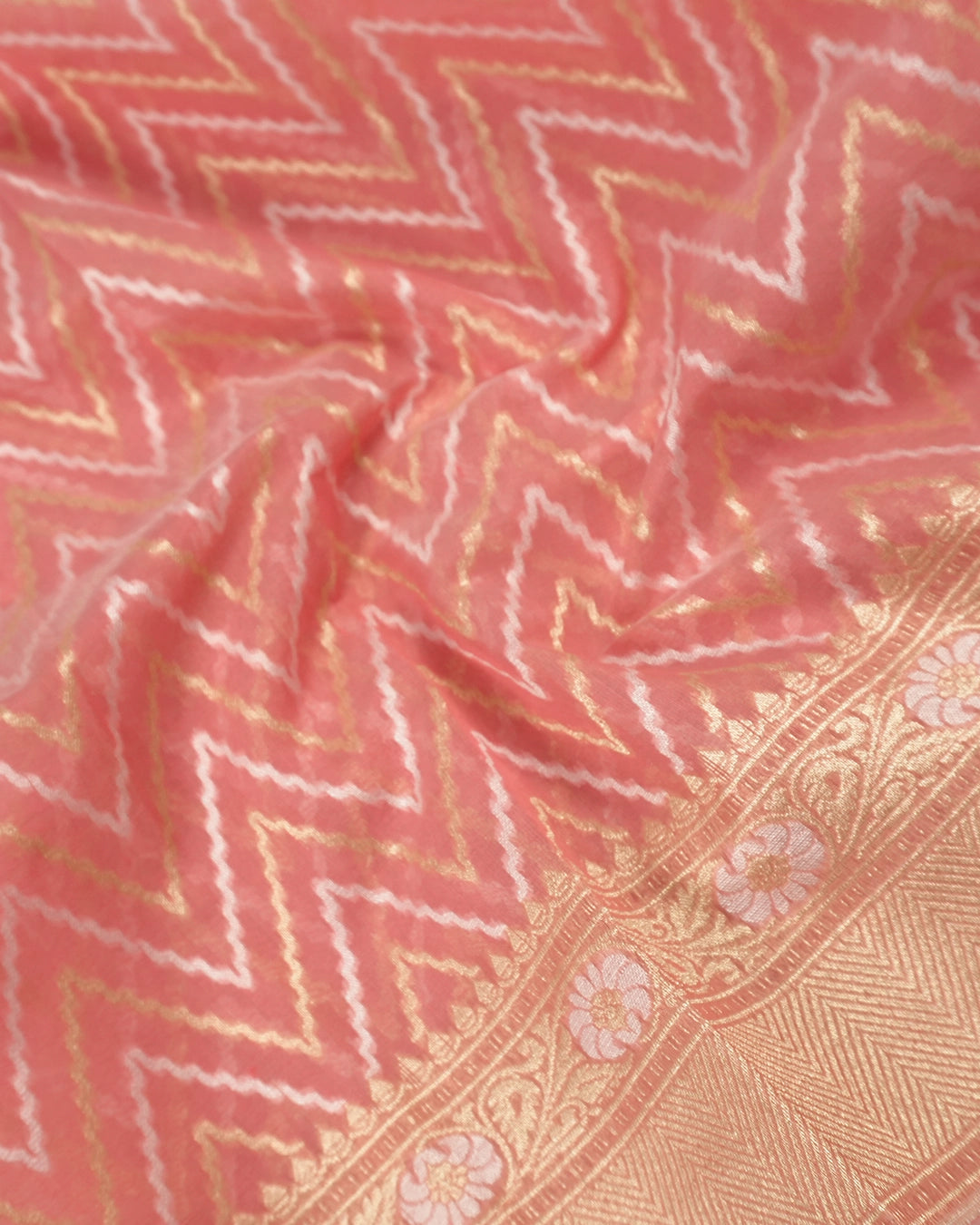 Peach Blush Pure Sooti Cotton Saree with Zig-Zag Pattern Weaves