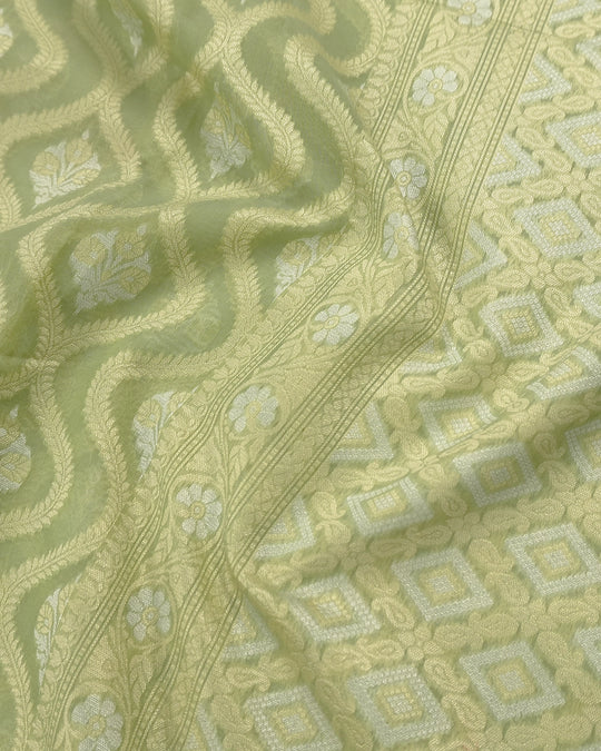 Sage Green Pure Sooti Cotton Saree with Trellis Floral Weaves