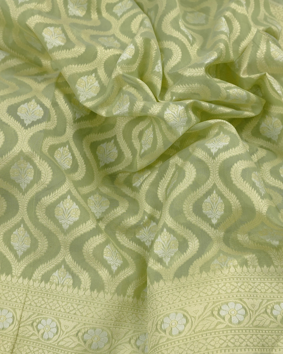 Sage Green Pure Sooti Cotton Saree with Trellis Floral Weaves