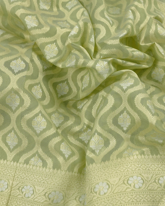 Sage Green Pure Sooti Cotton Saree with Trellis Floral Weaves