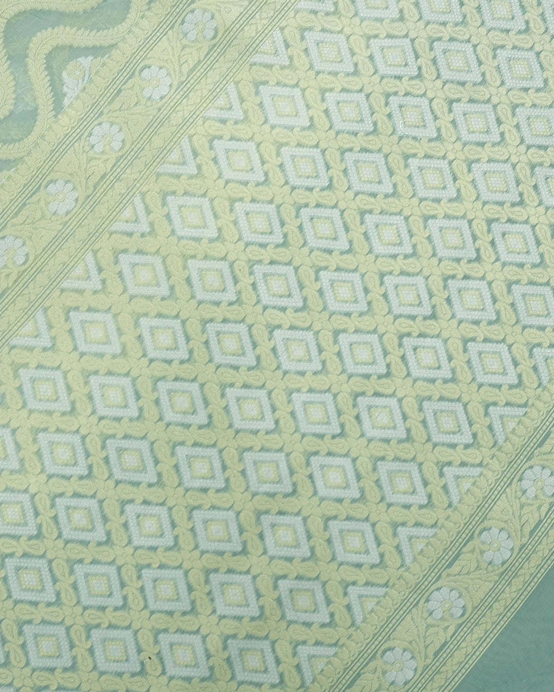 Sea Green Pure Sooti Cotton Saree with Artistic Geometric Floral Weaving