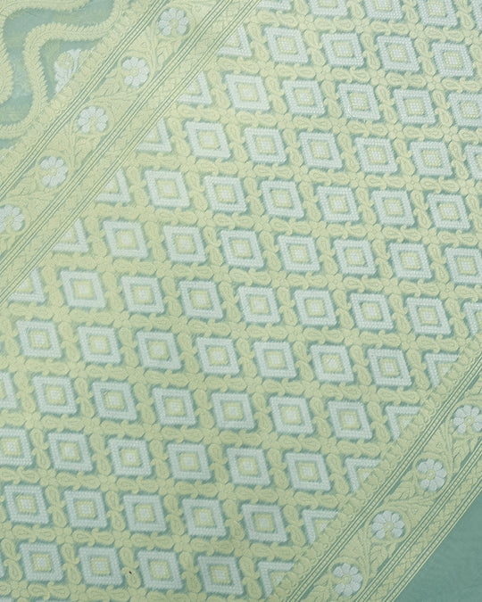 Sea Green Pure Sooti Cotton Saree with Artistic Geometric Floral Weaving