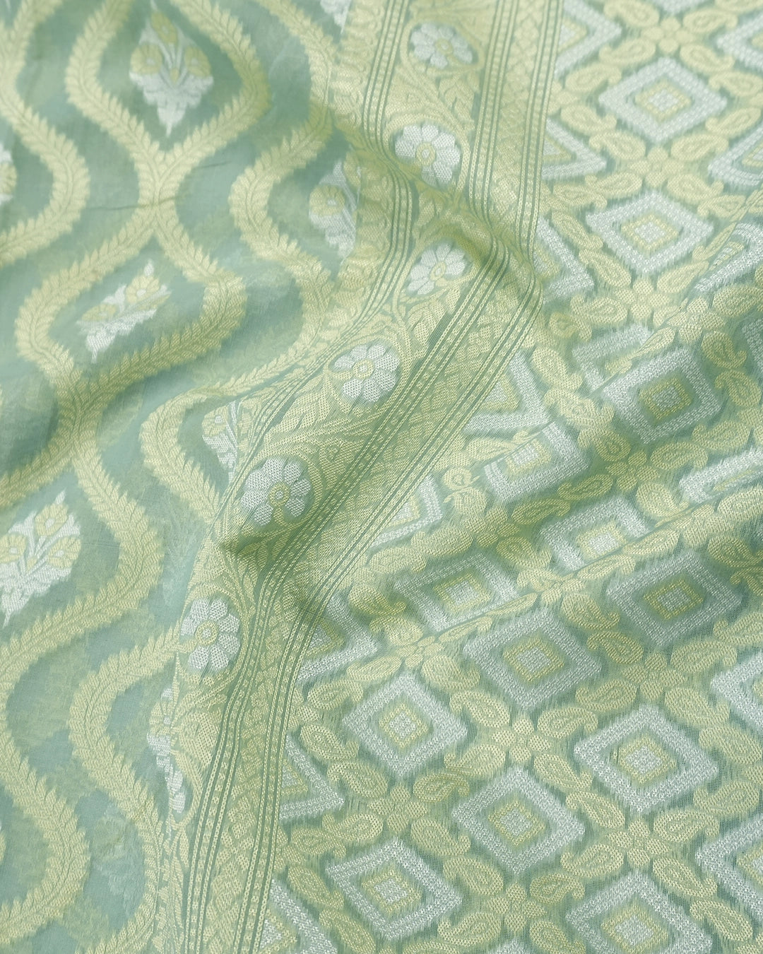 Sea Green Pure Sooti Cotton Saree with Artistic Geometric Floral Weaving