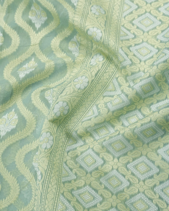Sea Green Pure Sooti Cotton Saree with Artistic Geometric Floral Weaving