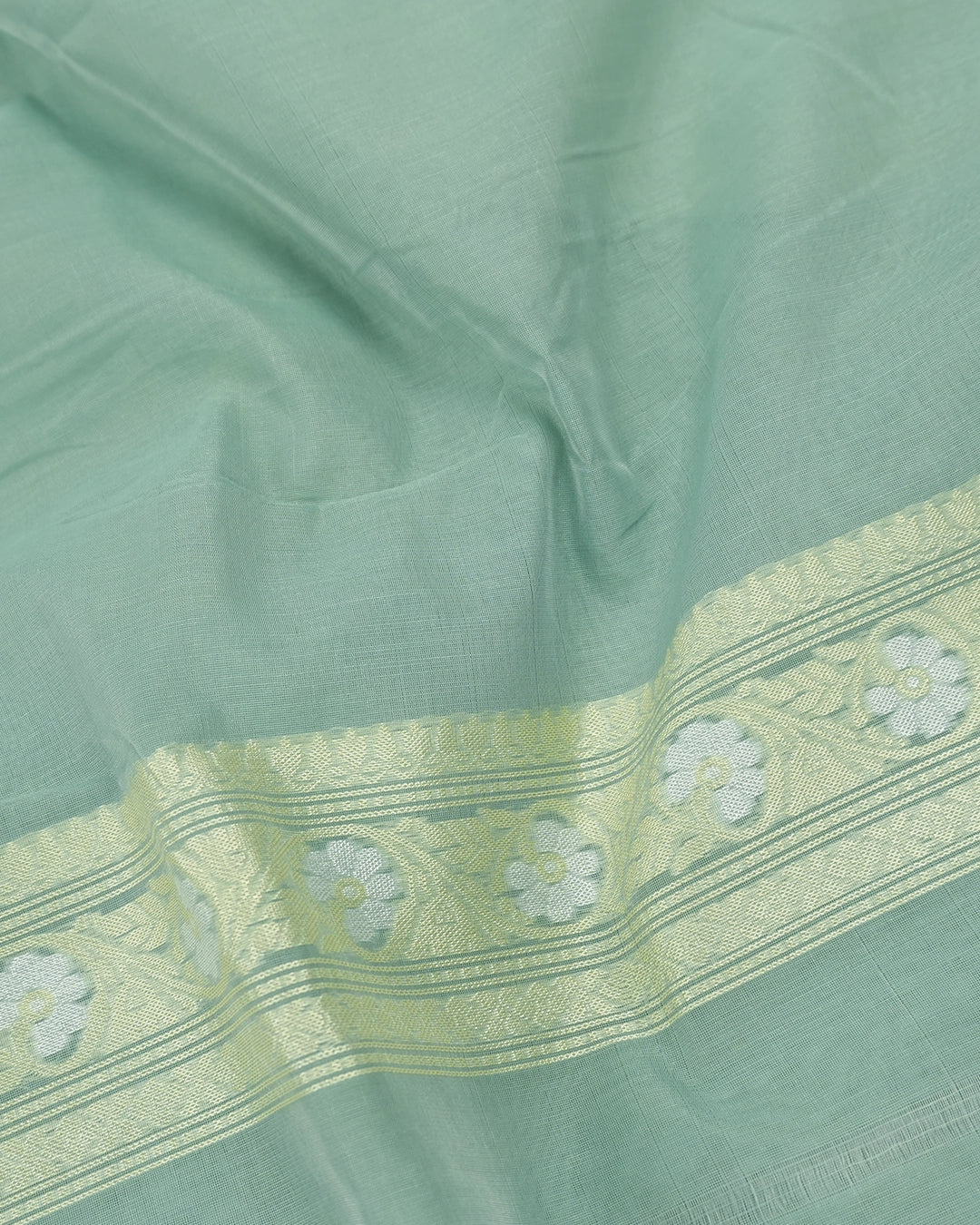 Sea Green Pure Sooti Cotton Saree with Artistic Geometric Floral Weaving
