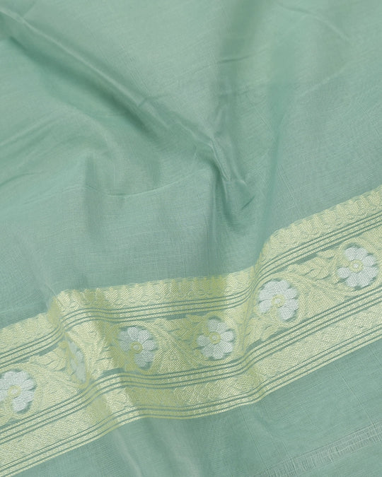 Sea Green Pure Sooti Cotton Saree with Artistic Geometric Floral Weaving
