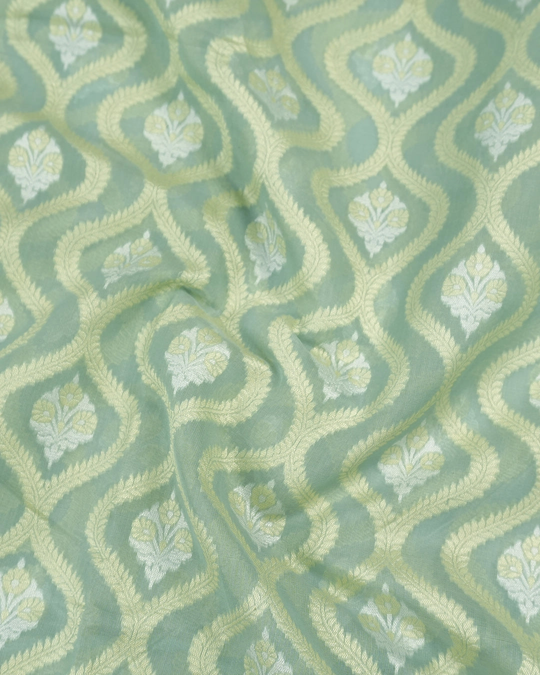 Sea Green Pure Sooti Cotton Saree with Artistic Geometric Floral Weaving