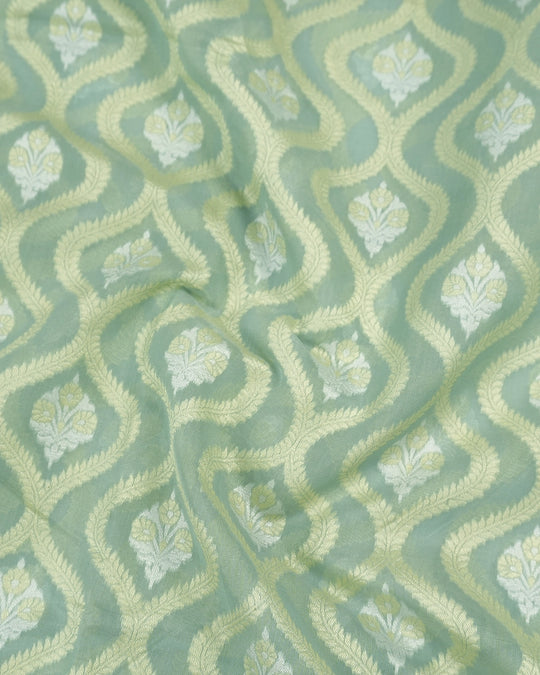 Sea Green Pure Sooti Cotton Saree with Artistic Geometric Floral Weaving