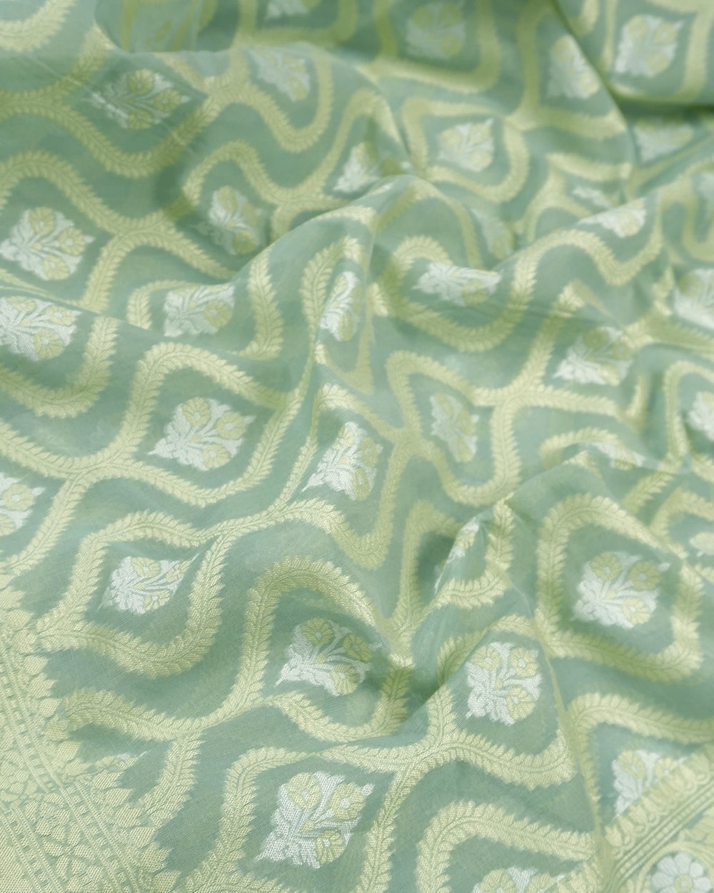 Sea Green Pure Sooti Cotton Saree with Artistic Geometric Floral Weaving