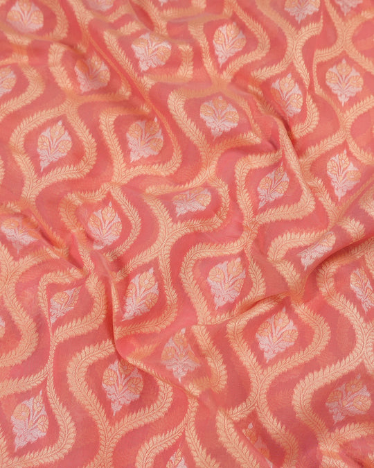 Peach Pure Sooti Cotton Saree with Intricate Floral Weaving