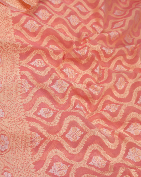 Peach Pure Sooti Cotton Saree with Intricate Floral Weaving