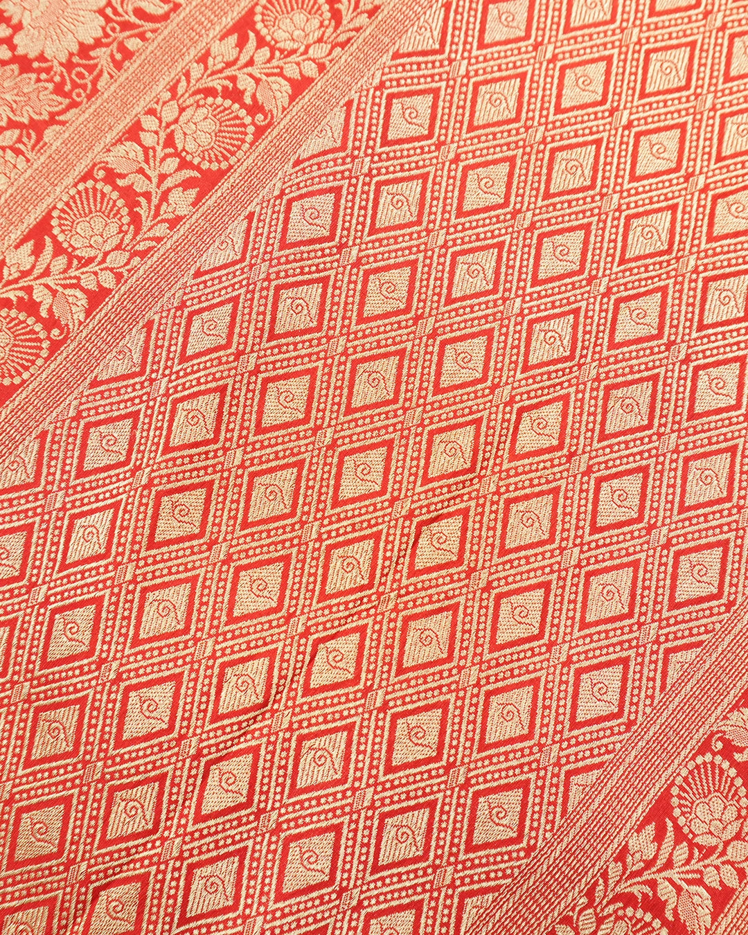 Red Pure Katan Saree with Detailed Rich Floral Vine Jaal Weaving
