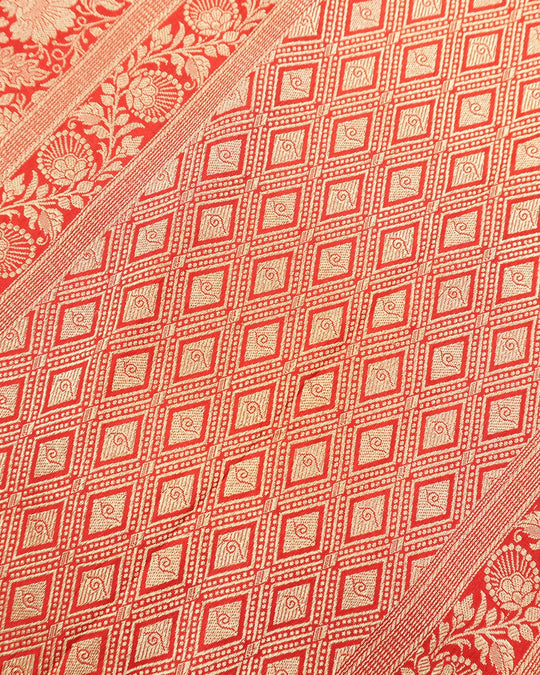Red Pure Katan Saree with Detailed Rich Floral Vine Jaal Weaving