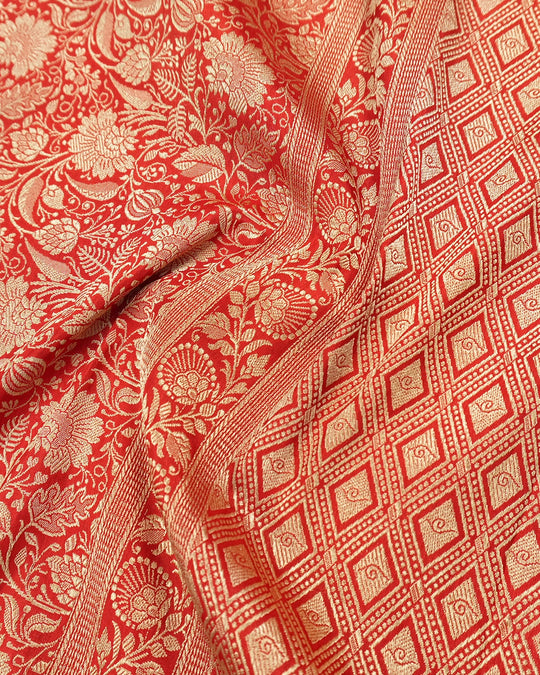Red Pure Katan Saree with Detailed Rich Floral Vine Jaal Weaving