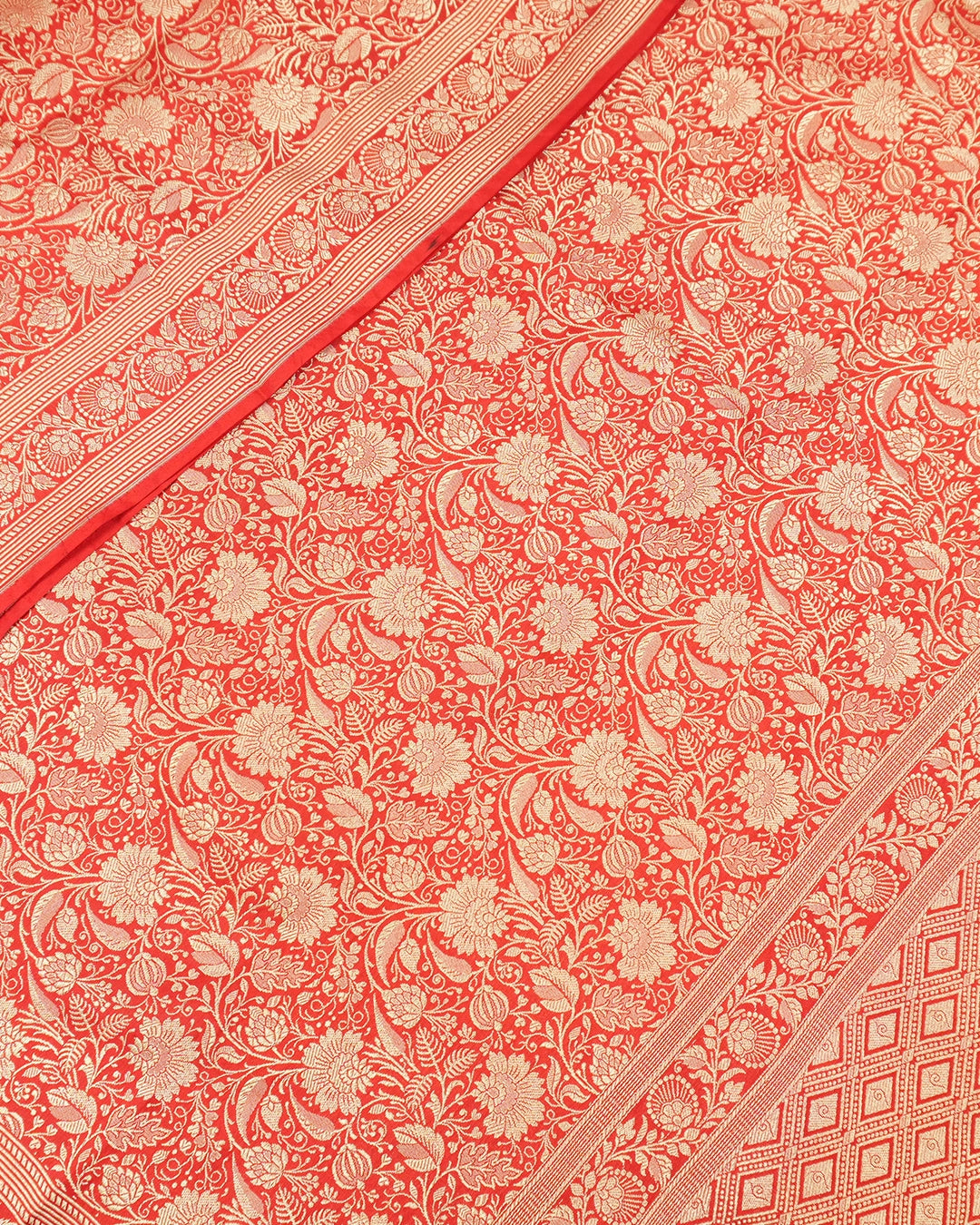 Red Pure Katan Saree with Detailed Rich Floral Vine Jaal Weaving