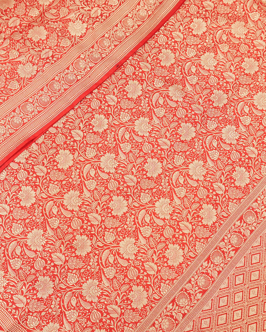 Red Pure Katan Saree with Detailed Rich Floral Vine Jaal Weaving