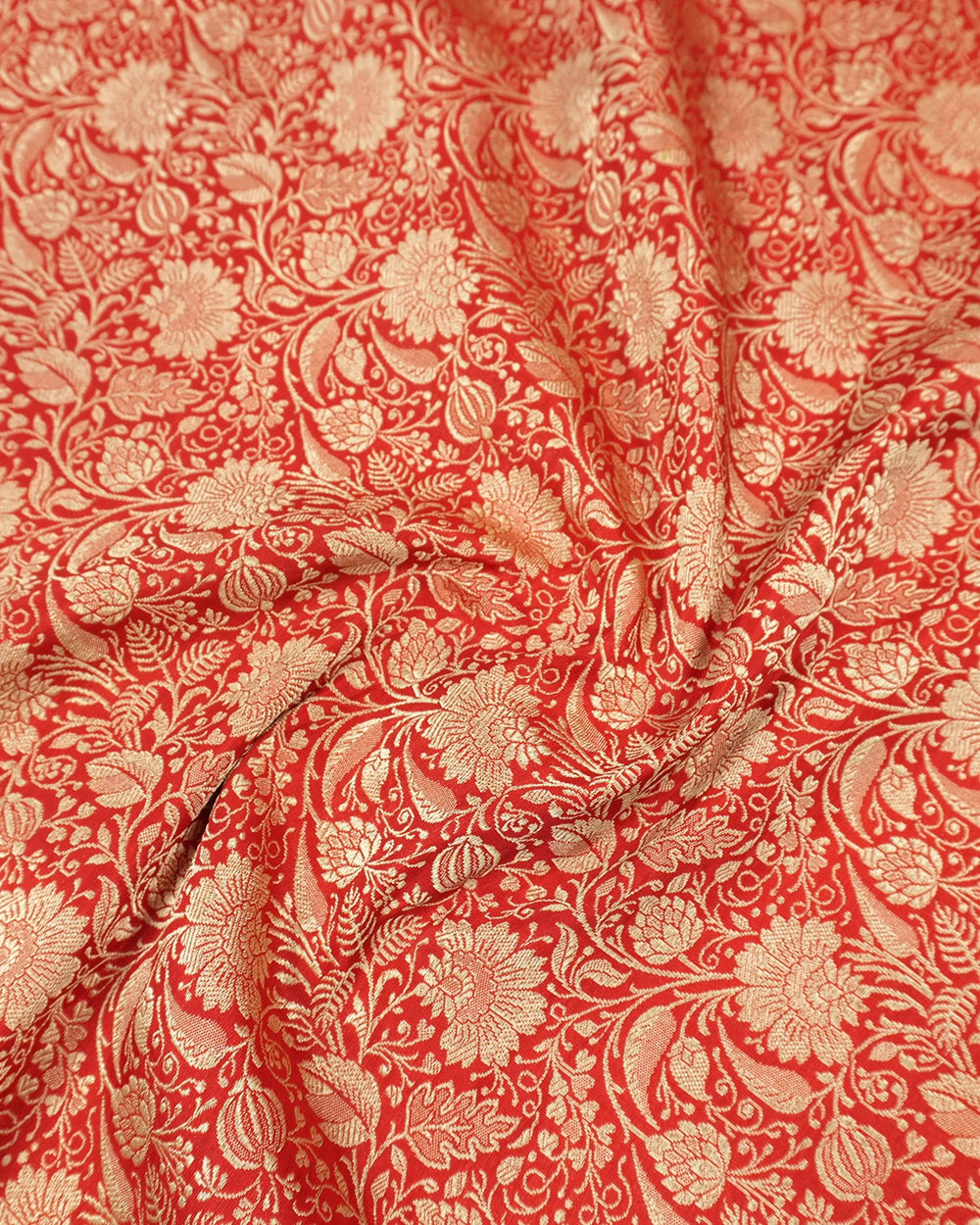 Red Pure Katan Saree with Detailed Rich Floral Vine Jaal Weaving