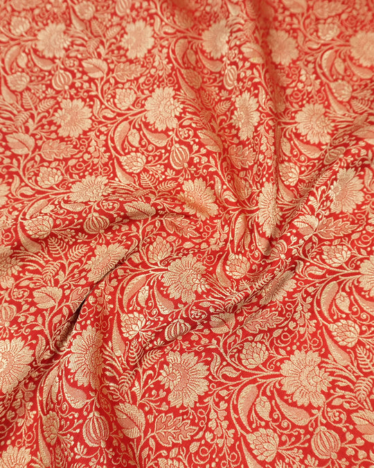 Red Pure Katan Saree with Detailed Rich Floral Vine Jaal Weaving