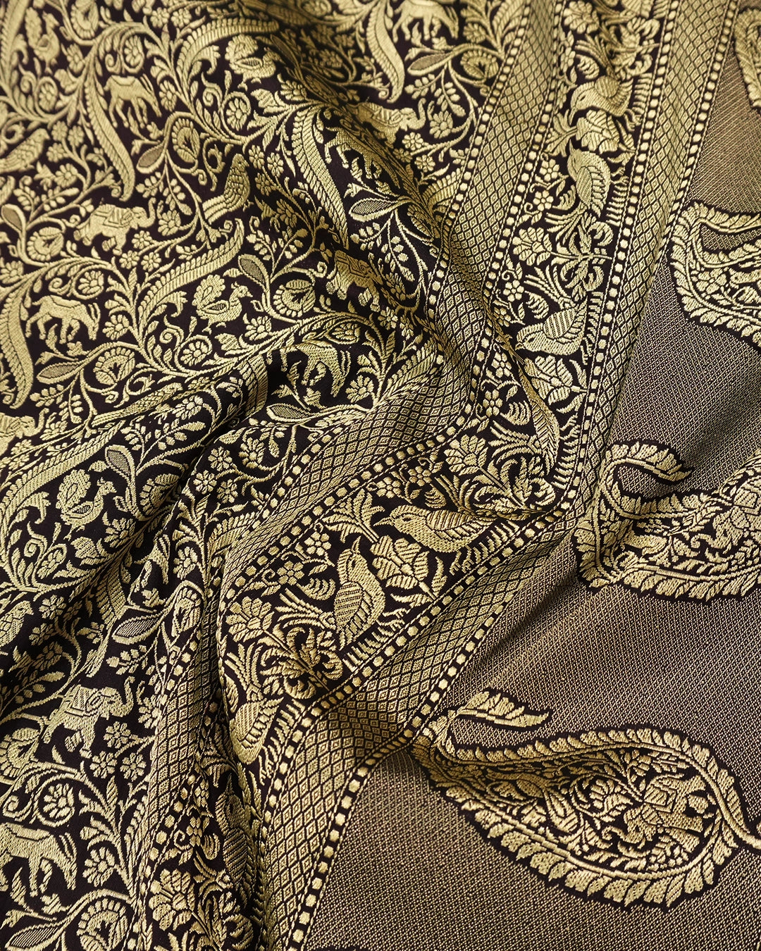Dark Purple Pure Katan Saree with Royal Shikargah Jaal Weaving