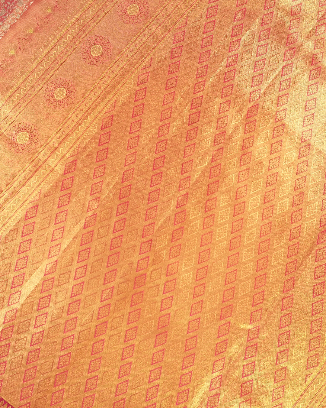Coral Pink Pure Kanjivaram Saree with Dense Botanical Vine Jaal Weaves