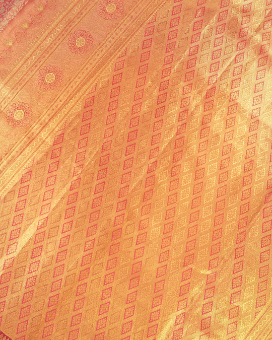 Coral Pink Pure Kanjivaram Saree with Dense Botanical Vine Jaal Weaves