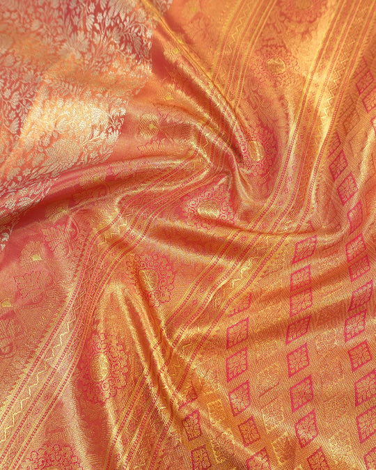 Coral Pink Pure Kanjivaram Saree with Dense Botanical Vine Jaal Weaves