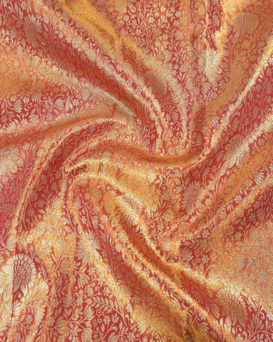 Coral Pink Pure Kanjivaram Saree with Dense Botanical Vine Jaal Weaves