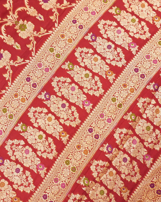 Red Pure Chiffon Saree with Florals Meenakari Jaal Weaving