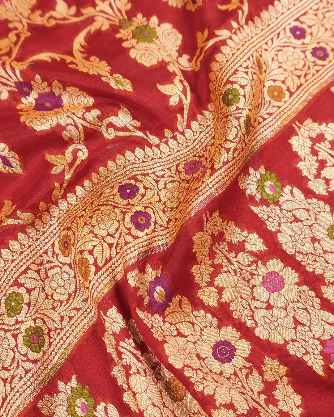 Red Pure Chiffon Saree with Florals Meenakari Jaal Weaving